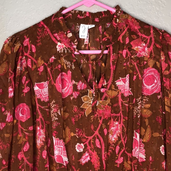 JOIE Pink And Brown Floral Polyester Smocked cuffs/Hem Blouse - Picture 4 of 8
